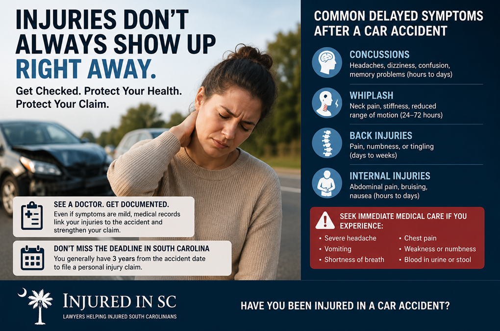 Delayed Car Accident Injury Symptoms in South Carolina: How Long Can They Take to Appear?