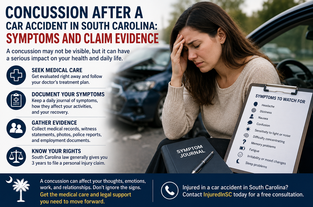 Concussion After a Car Accident in South Carolina: Symptoms and Claim Evidence